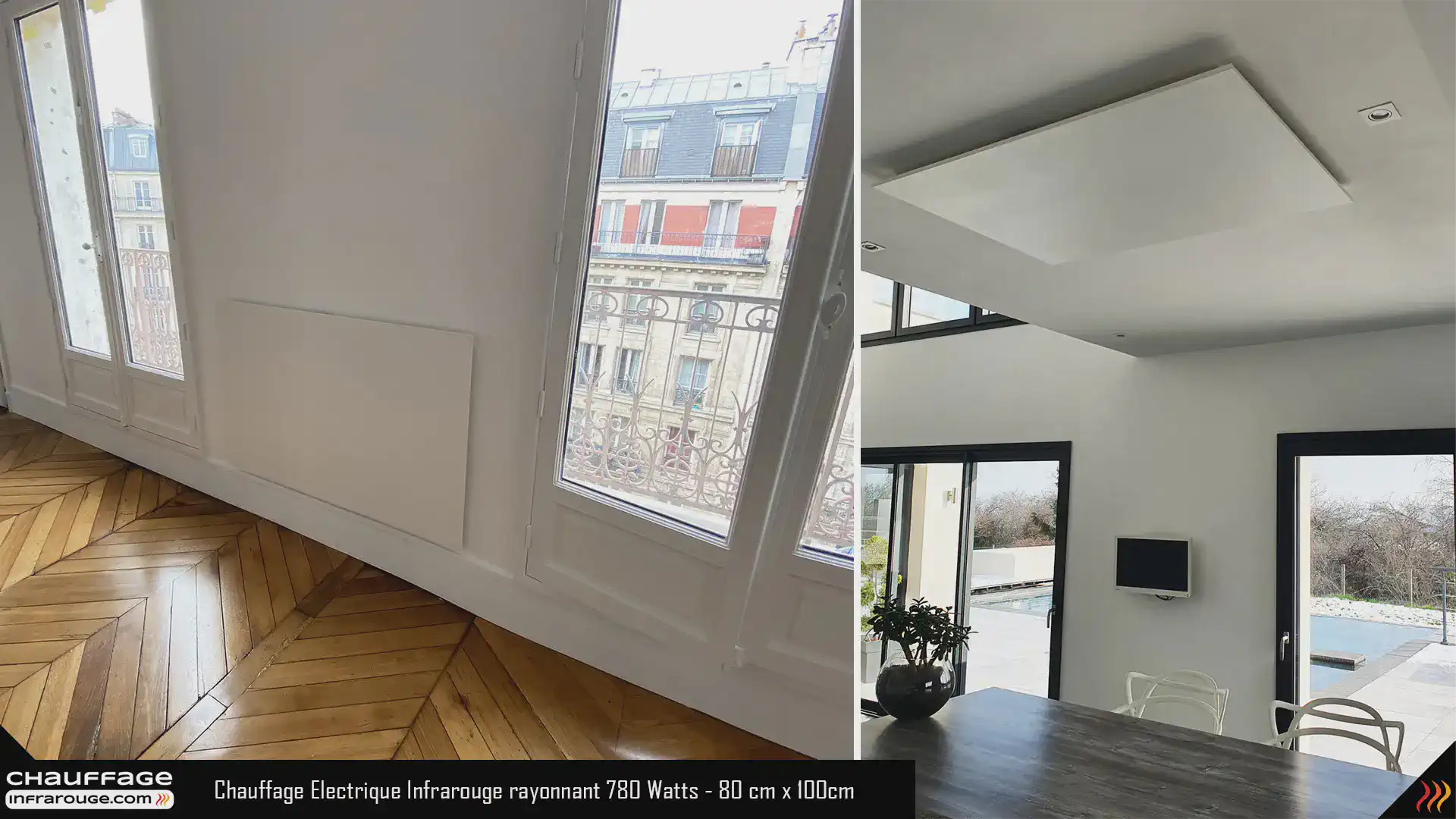 image title Radiateur électrique infrarouge extra plat 780 Watts - 80 x 100 cm pose verticale, horizontale, murale, plafond, rampants